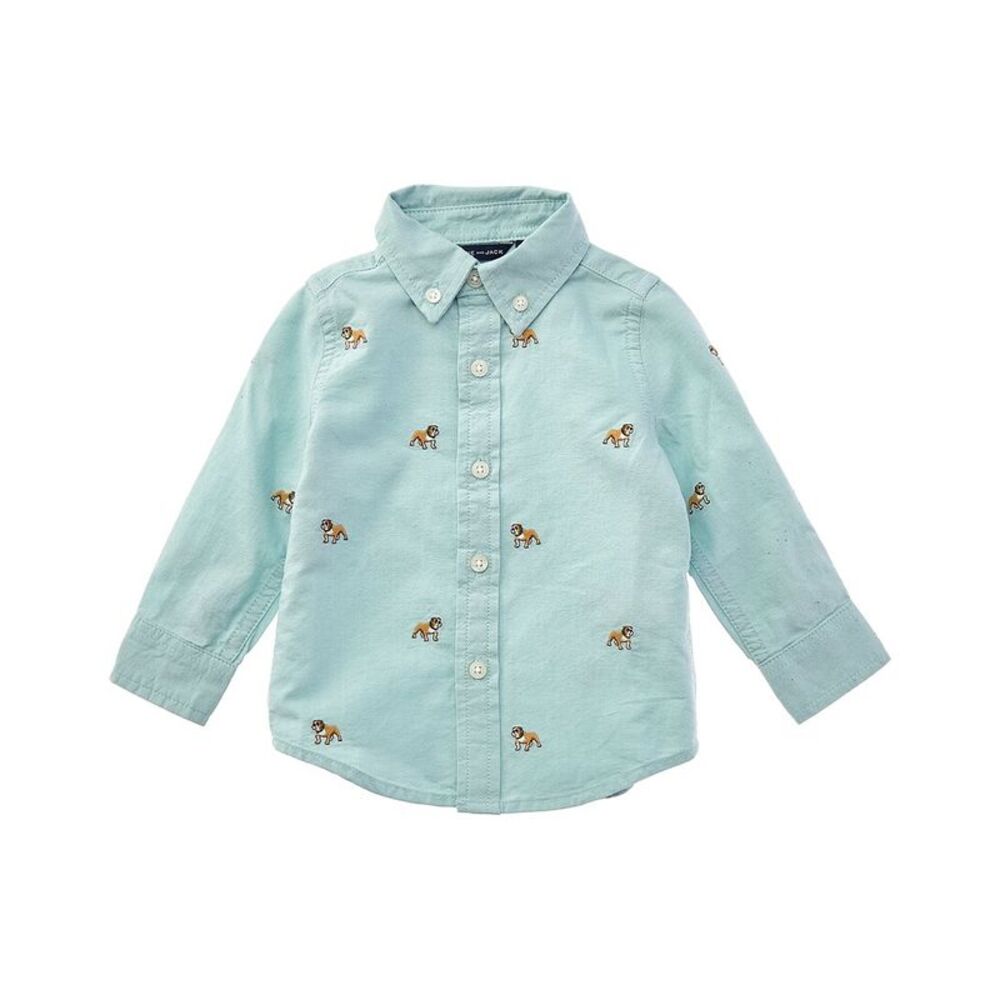 Janie And Jack Boys Embroidered Bulldog Oxford Shirt, Green